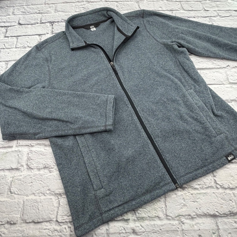 REI Co-op Mens Full Zip Fleece Jacket XL Gray Heathered Outdoor Layer Warm Cozy